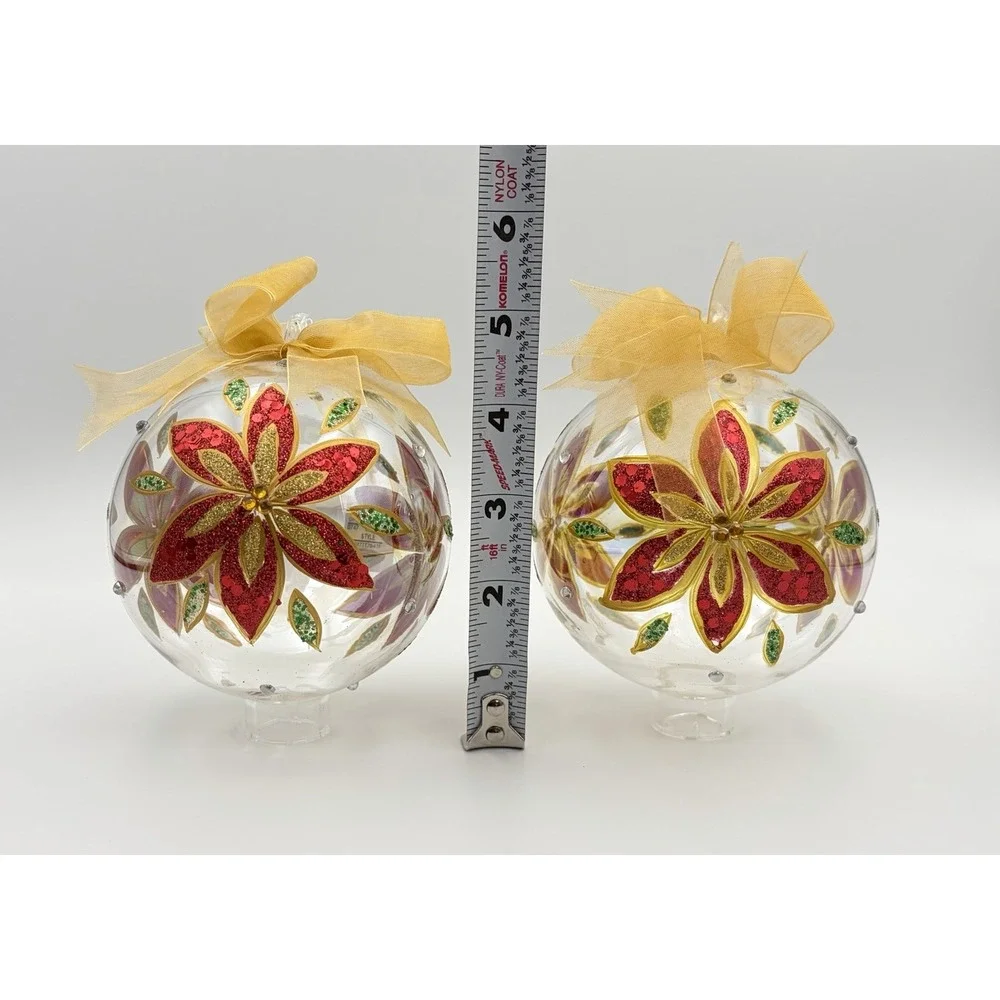 VTG Dillards Trimmings Blown Glass Christmas Ornaments Set 2 Red Poinsettia Gold